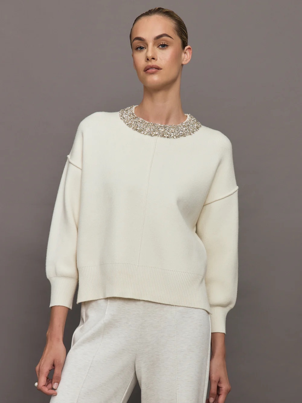 NWT Nomai Embellished Crewneck Sweater in Cream $295
